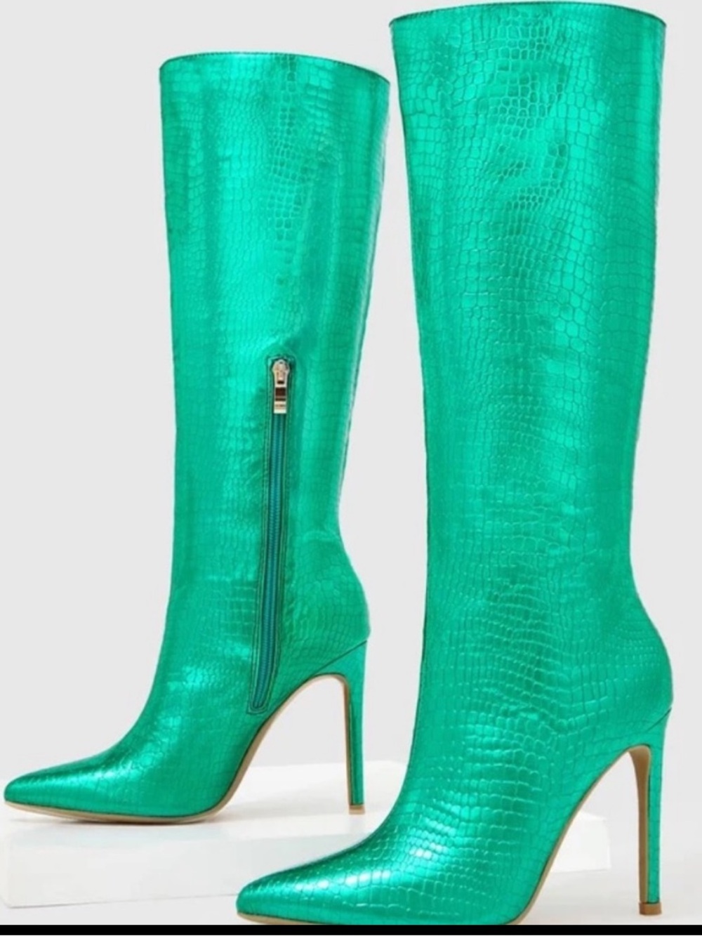 SEXY New Green metallic crocodile print knee high stiletto heels boots zippered